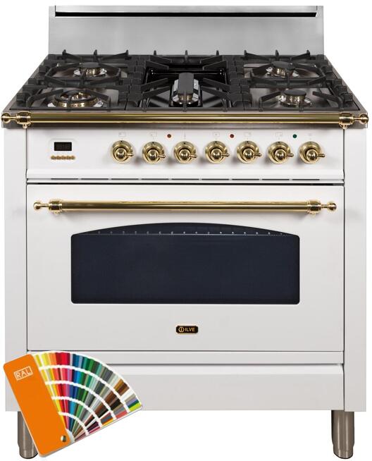 ILVE 36" Nostalgie Gas Range with 4 Burners - Griddle - 3.5 cu. ft. Oven - Brass Trim Custom RAL Color (UPN90FDVGGRAL)