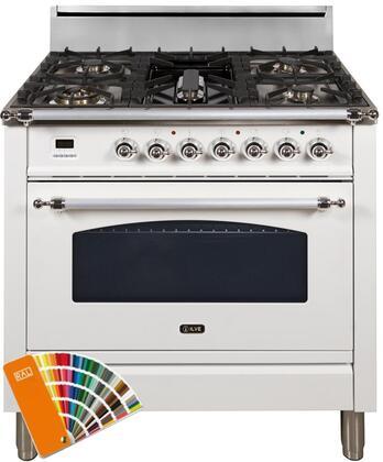 ILVE 36" Nostalgie Gas Range with 4 Burners - Griddle - 3.5 cu. ft. Oven - Brass Trim Custom RAL Color (UPN90FDVGGRALX)