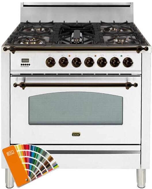 ILVE 36" Nostalgie Gas Range with 4 Burners - Griddle - 3.5 cu. ft. Oven - Brass Trim Custom RAL Color (UPN90FDVGGRALY)