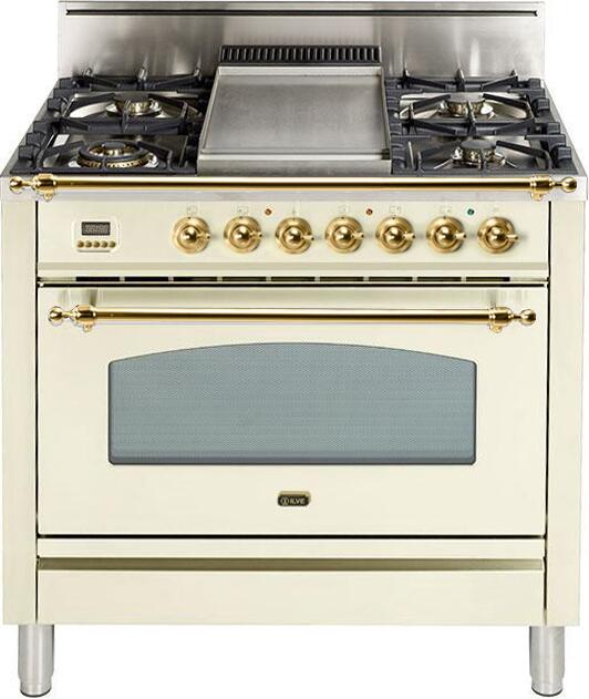 ILVE 36" Nostalgie Gas Range with 5 Burners - Griddle - 3.5 cu. ft. Oven - Brass Trim in Antique White (UPN90FDVGGA)