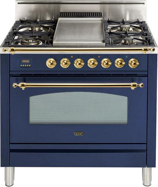 ILVE 36" Nostalgie Gas Range with 5 Burners - Griddle - 3.5 cu. ft. Oven - Brass Trim in Blue (UPN90FDVGGBL)