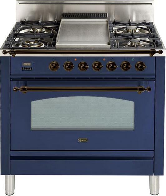 ILVE 36" Nostalgie Gas Range with 5 Burners - Griddle - 3.5 cu. ft. Oven - Brass Trim in Blue (UPN90FDVGGBLY)