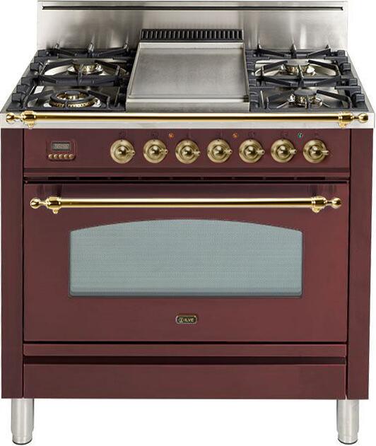 ILVE 36" Nostalgie Gas Range with 5 Burners - Griddle - 3.5 cu. ft. Oven - Brass Trim in Burgundy (UPN90FDVGGRB)