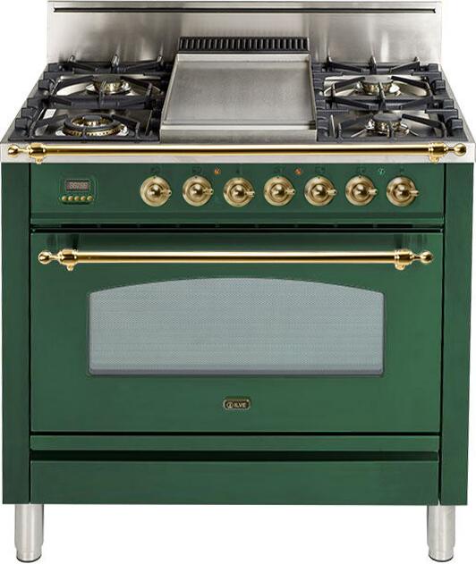 ILVE 36" Nostalgie Gas Range with 5 Burners - Griddle - 3.5 cu. ft. Oven - Brass Trim in Emerald Green (UPN90FDVGGVS)