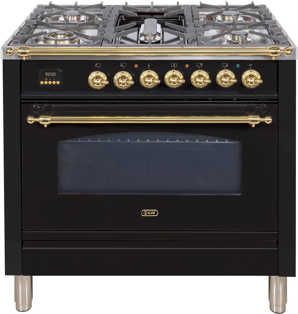 ILVE 36" Nostalgie Gas Range with 5 Burners - Griddle - 3.5 cu. ft. Oven - Brass Trim in Gloss Black (UPN90FDVGGN)