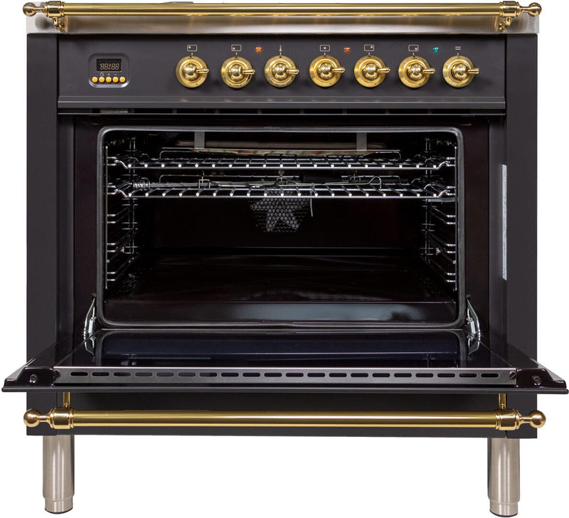 ILVE 36" Nostalgie Gas Range with 5 Burners - Griddle - 3.5 cu. ft. Oven - Brass Trim in Matte Graphite (UPN90FDVGGM)