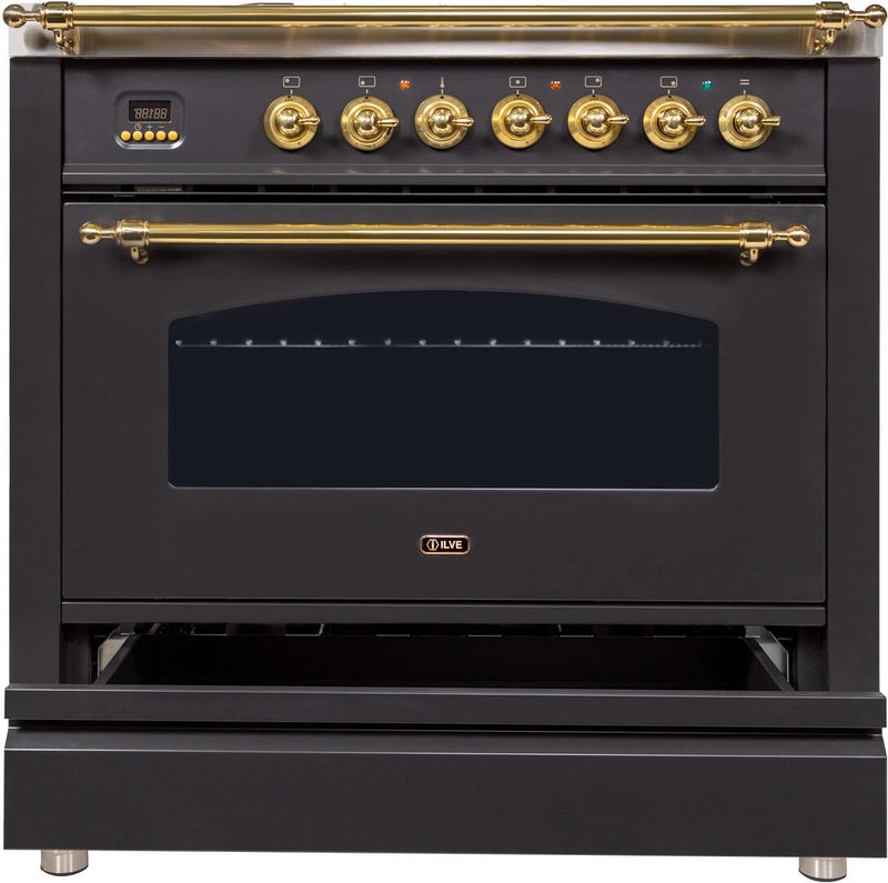 ILVE 36" Nostalgie Gas Range with 5 Burners - Griddle - 3.5 cu. ft. Oven - Brass Trim in Matte Graphite (UPN90FDVGGM)