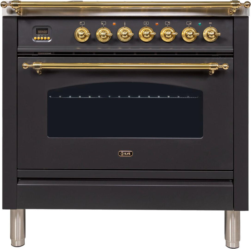 ILVE 36" Nostalgie Gas Range with 5 Burners - Griddle - 3.5 cu. ft. Oven - Brass Trim in Matte Graphite (UPN90FDVGGM)