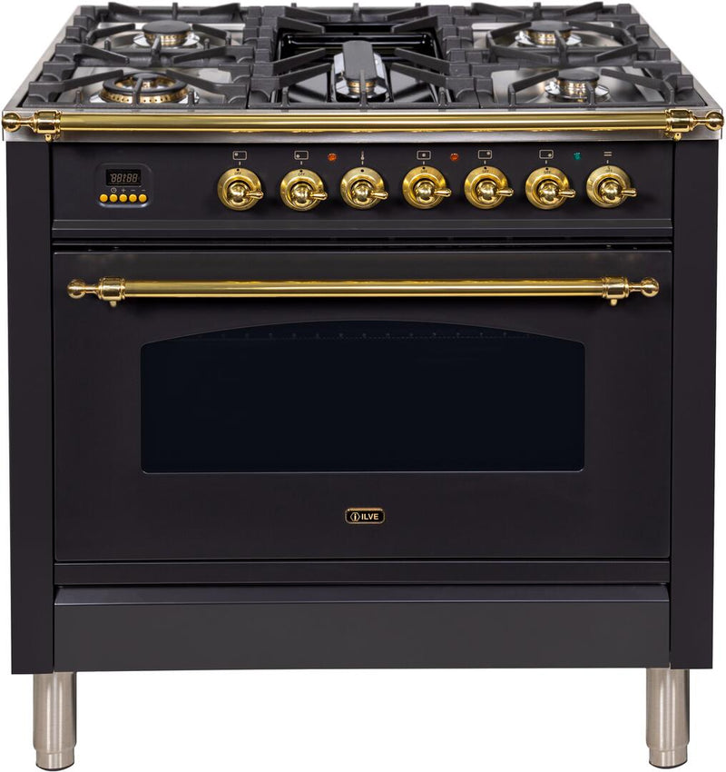 ILVE 36" Nostalgie Gas Range with 5 Burners - Griddle - 3.5 cu. ft. Oven - Brass Trim in Matte Graphite (UPN90FDVGGM)