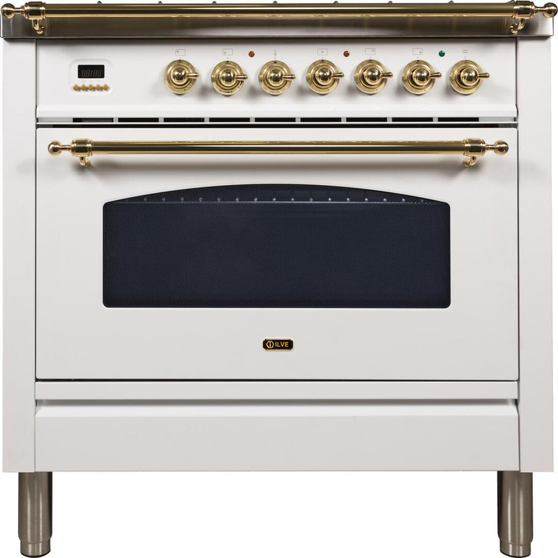 ILVE 36" Nostalgie Gas Range with 5 Burners - Griddle - 3.5 cu. ft. Oven - Brass Trim in White (UPN90FDVGGB)