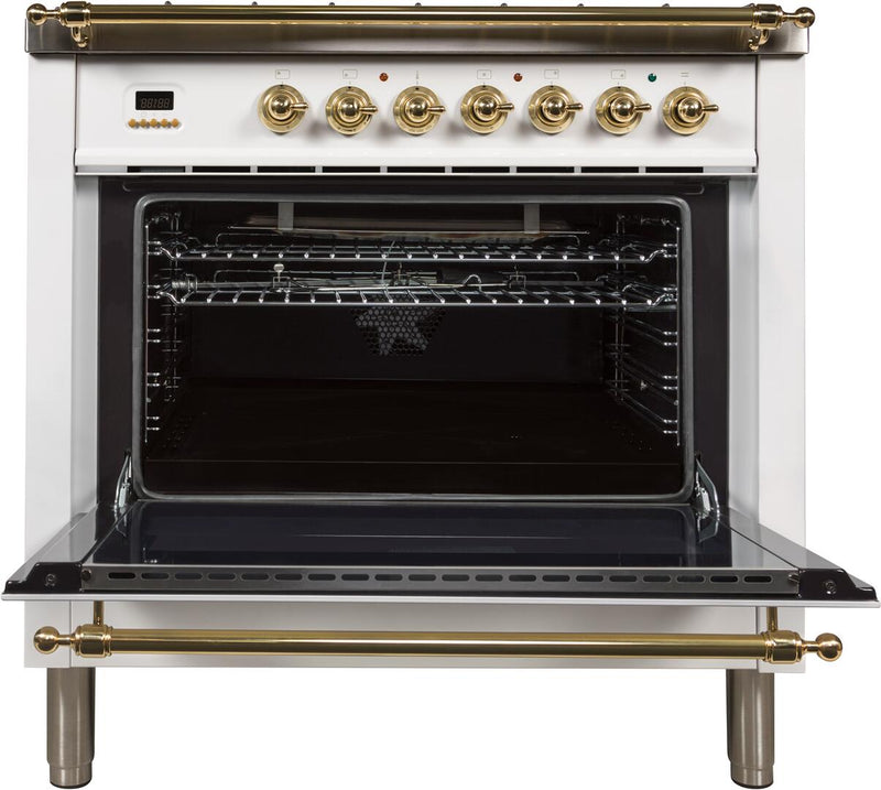 ILVE 36" Nostalgie Gas Range with 5 Burners - Griddle - 3.5 cu. ft. Oven - Brass Trim in White (UPN90FDVGGB)