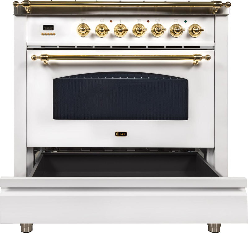 ILVE 36" Nostalgie Gas Range with 5 Burners - Griddle - 3.5 cu. ft. Oven - Brass Trim in White (UPN90FDVGGB)