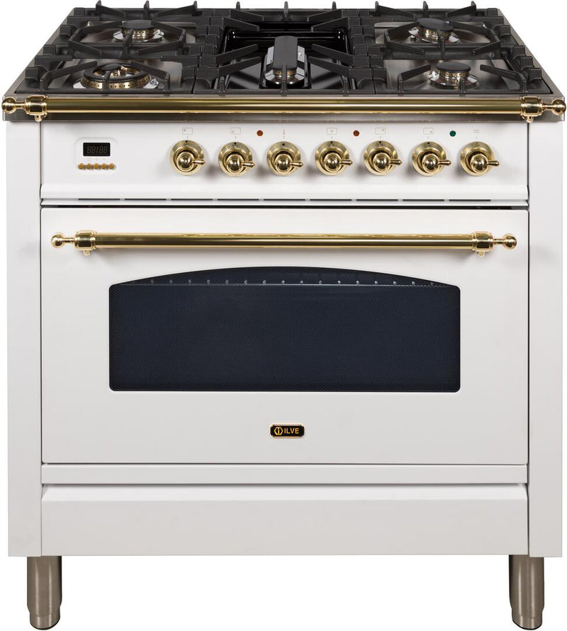 ILVE 36" Nostalgie Gas Range with 5 Burners - Griddle - 3.5 cu. ft. Oven - Brass Trim in White (UPN90FDVGGB)