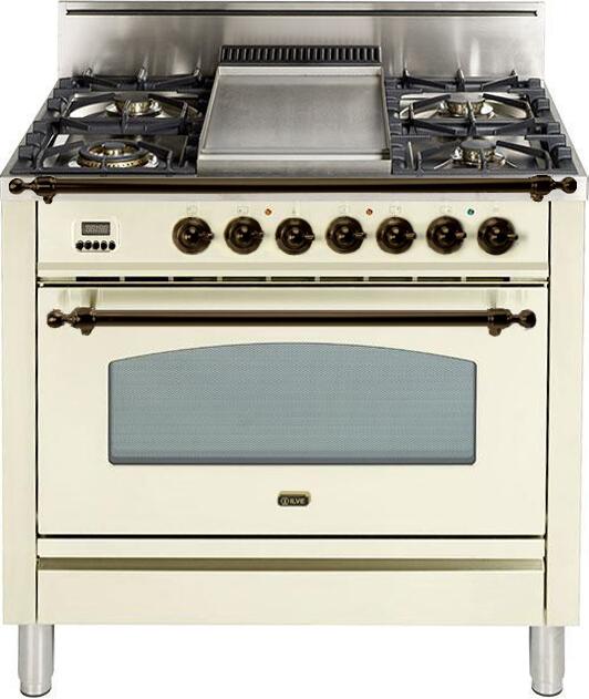 ILVE 36" Nostalgie Gas Range with 5 Burners - Griddle - 3.5 cu. ft. Oven - Bronze Trim in Antique White (UPN90FDVGGAY)