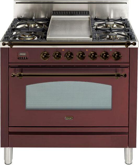 ILVE 36" Nostalgie Gas Range with 5 Burners - Griddle - 3.5 cu. ft. Oven - Bronze Trim in Burgundy (UPN90FDVGGRBY)