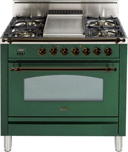 ILVE 36" Nostalgie Gas Range with 5 Burners - Griddle - 3.5 cu. ft. Oven - Bronze Trim in Emerald Green (UPN90FDVGGVSY)