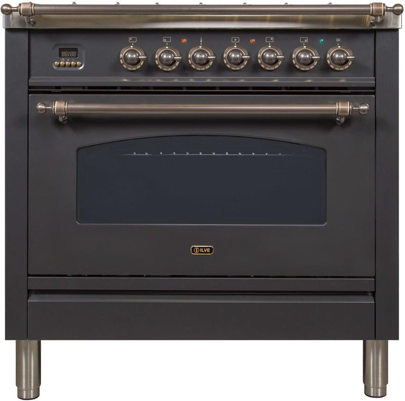 ILVE 36" Nostalgie Gas Range with 5 Burners - Griddle - 3.5 cu. ft. Oven - Bronze Trim in Matte Graphite (UPN90FDVGGMY)