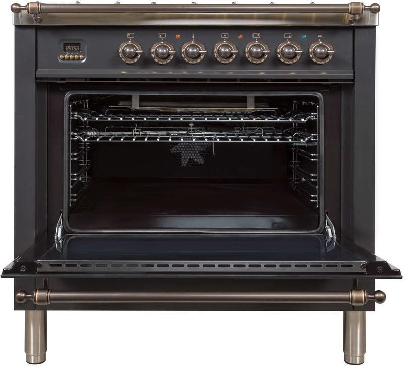 ILVE 36" Nostalgie Gas Range with 5 Burners - Griddle - 3.5 cu. ft. Oven - Bronze Trim in Matte Graphite (UPN90FDVGGMY)