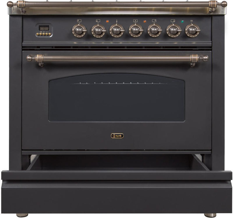 ILVE 36" Nostalgie Gas Range with 5 Burners - Griddle - 3.5 cu. ft. Oven - Bronze Trim in Matte Graphite (UPN90FDVGGMY)