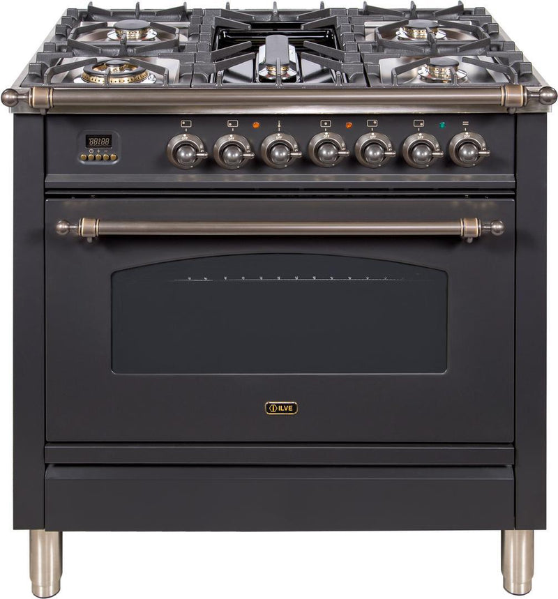 ILVE 36" Nostalgie Gas Range with 5 Burners - Griddle - 3.5 cu. ft. Oven - Bronze Trim in Matte Graphite (UPN90FDVGGMY)