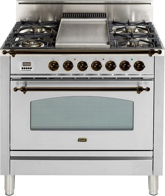 ILVE 36" Nostalgie Gas Range with 5 Burners - Griddle - 3.5 cu. ft. Oven - Bronze Trim in Stainless Steel (UPN90FDVGGIY)