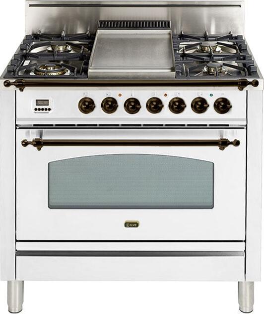 ILVE 36" Nostalgie Gas Range with 5 Burners - Griddle - 3.5 cu. ft. Oven - Bronze Trim in White (UPN90FDVGGBY)