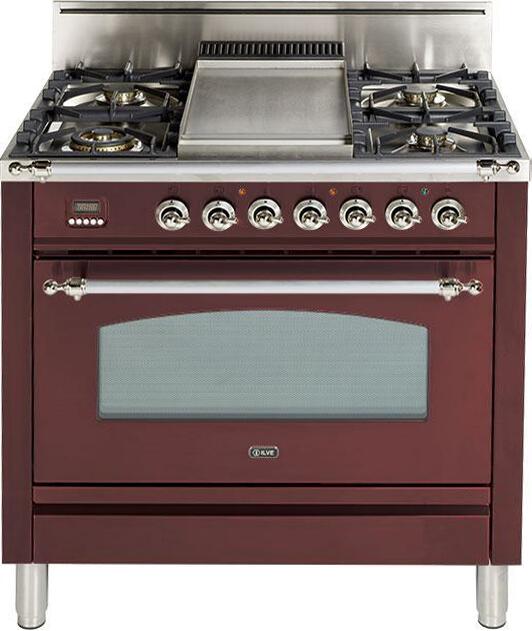 ILVE 36" Nostalgie Gas Range with 5 Burners - Griddle - 3.5 cu. ft. Oven - Chrome Trim in Burgundy (UPN90FDVGGRBX)