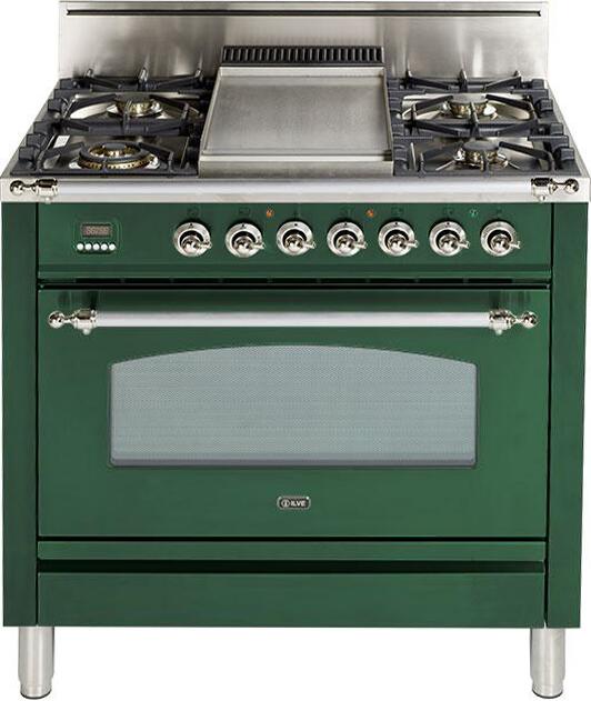 ILVE 36" Nostalgie Gas Range with 5 Burners - Griddle - 3.5 cu. ft. Oven - Chrome Trim in Emerald Green (UPN90FDVGGVSX)