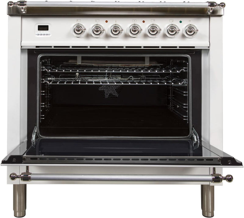 ILVE 36" Nostalgie Gas Range with 5 Burners - Griddle - 3.5 cu. ft. Oven - Chrome Trim in White (UPN90FDVGGBX)