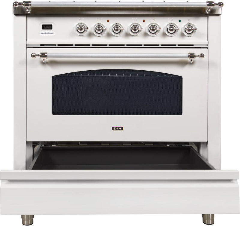 ILVE 36" Nostalgie Gas Range with 5 Burners - Griddle - 3.5 cu. ft. Oven - Chrome Trim in White (UPN90FDVGGBX)