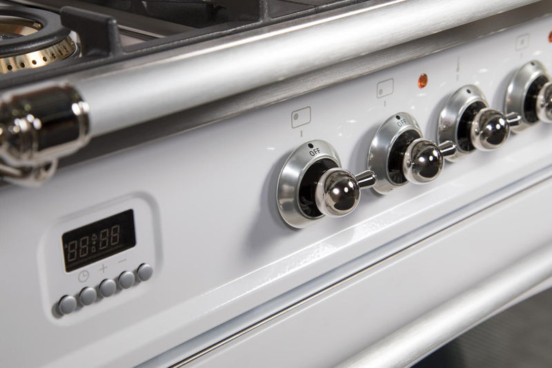 ILVE 36" Nostalgie Gas Range with 5 Burners - Griddle - 3.5 cu. ft. Oven - Chrome Trim in White (UPN90FDVGGBX)