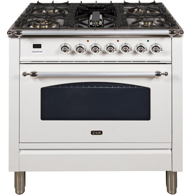 ILVE 36" Nostalgie Gas Range with 5 Burners - Griddle - 3.5 cu. ft. Oven - Chrome Trim in White (UPN90FDVGGBX)