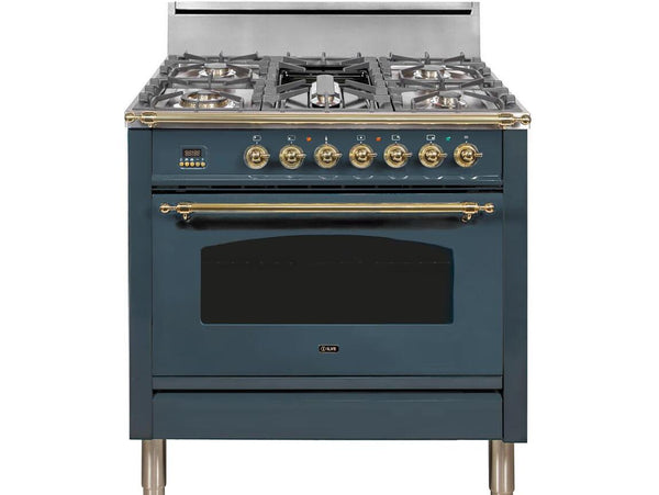 ILVE 36" Nostalgie Series Freestanding Single Oven Gas Range with 5 Sealed Burners and Griddle in Blue Grey with Brass Trim (UPN90FDVGGGU)