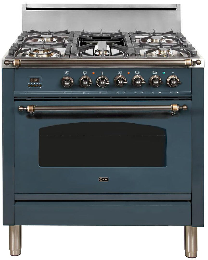 ILVE 36" Nostalgie Series Freestanding Single Oven Gas Range with 5 Sealed Burners and Griddle in Blue Grey with Bronze Trim (UPN90FDVGGGUY)