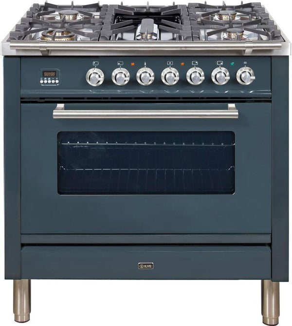 ILVE 36" Nostalgie Series Freestanding Single Oven Gas Range with 5 Sealed Burners and Griddle in Blue Grey with Chrome Trim (UPW90FDVGGGU)