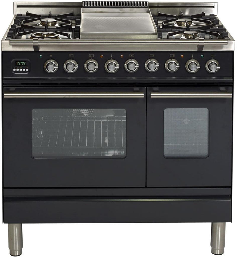 ILVE 36" Professional Plus Dual Fuel Range with Double Oven - 5 Sealed Burners - Griddle - Matte Graphite (UPDW90FDMPM)