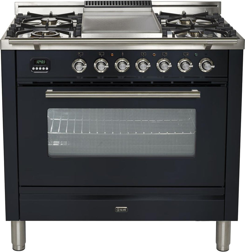 ILVE 36" Professional Plus Dual Fuel Range with Sgle Oven - 5 Sealed Burners - Griddle - Matte Graphite (UPW90FDMPM)