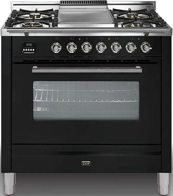 ILVE 36" Professional Plus Glossy Black Range with Chrome Trim Range with 5 Burners - Griddle - 3.5 cu. ft. Oven (UPW90FDVGGN)