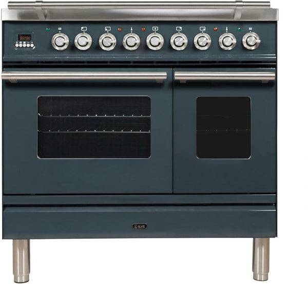 ILVE 36" Professional Plus Series Freestanding Double Oven Dual Fuel Range with 5 Sealed Burners in Blue Grey with Chrome Trim (UPDW90FDMPGU)