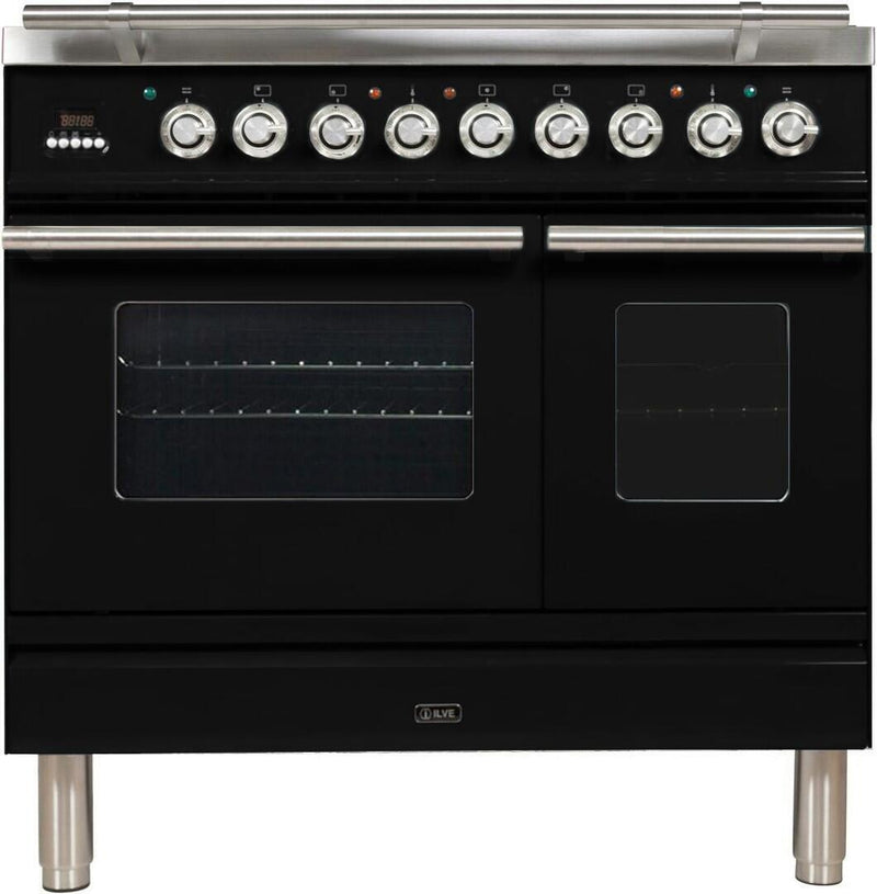 ILVE 36" Professional Plus Series Freestanding Double Oven Dual Fuel Range with 5 Sealed Burners in Glossy Black with Chrome Trim (UPDW90FDMPN)