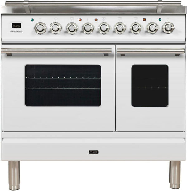 ILVE 36" Professional Plus Series Freestanding Double Oven Dual Fuel Range with 5 Sealed Burners in White with Chrome Trim (UPDW90FDMPB)