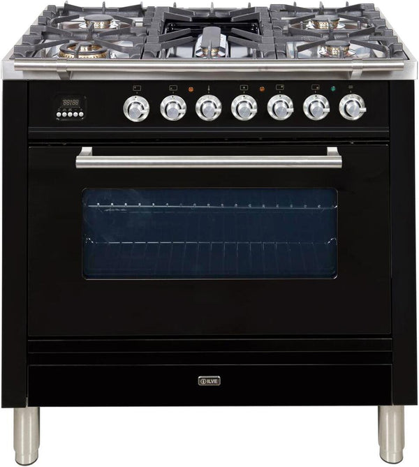 ILVE 36" Professional Plus Series Freestanding Single Oven Dual Fuel Range with 5 Sealed Burners in Glossy Black with Chrome Trim (UPW90FDMPN)