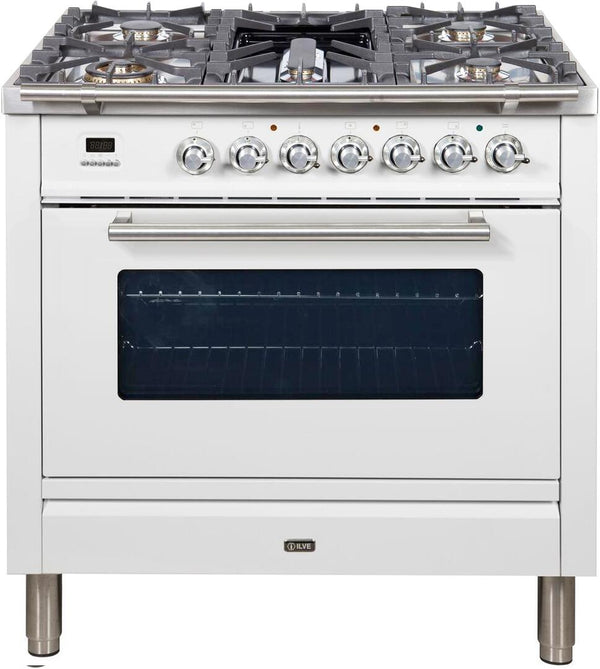 ILVE 36" Professional Plus Series Freestanding Single Oven Dual Fuel Range with 5 Sealed Burners in White with Chrome Trim (UPW90FDMPB)