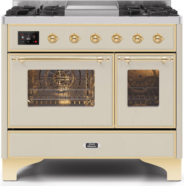 ILVE 40" Majestic II Dual Fuel Range with 6 Sealed Burners and Griddle - 3.82 cu. ft. Oven - Brass Trim in Antique White (UMD10FDNS3AWG)