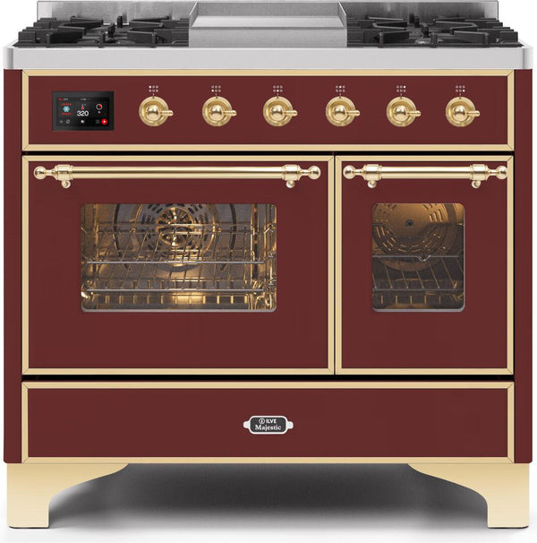 ILVE 40" Majestic II Dual Fuel Range with 6 Sealed Burners and Griddle - 3.82 cu. ft. Oven - Brass Trim in Antique White (UMD10FDNS3BUG)