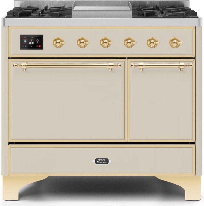 ILVE 40" Majestic II Dual Fuel Range with 6 Sealed Burners and Griddle - 3.82 cu. ft. Oven - Brass Trim in Antique White (UMD10FDQNS3AWG)