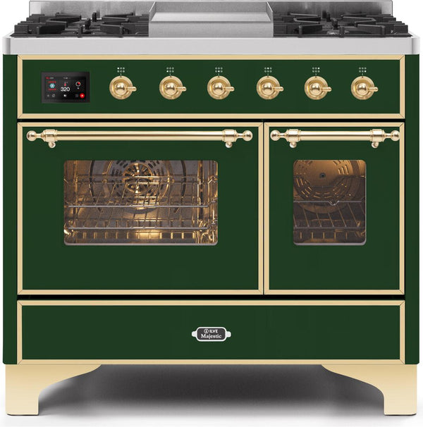 ILVE 40" Majestic II Dual Fuel Range with 6 Sealed Burners and Griddle - 3.82 cu. ft. Oven - Brass Trim in Emerald Green (UMD10FDNS3EGG)