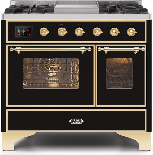 ILVE 40" Majestic II Dual Fuel Range with 6 Sealed Burners and Griddle - 3.82 cu. ft. Oven - Brass Trim in Glossy Black (UMD10FDNS3BKG)