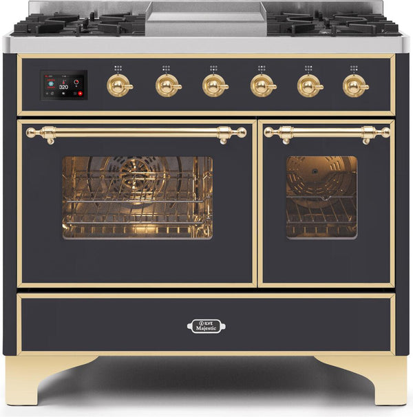ILVE 40" Majestic II Dual Fuel Range with 6 Sealed Burners and Griddle - 3.82 cu. ft. Oven - Brass Trim in Matte Graphite (UMD10FDNS3MGG)