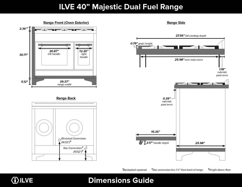 ILVE 40" Majestic II Dual Fuel Range with 6 Sealed Burners and Griddle - 3.82 cu. ft. Oven - Brass Trim in Midnight Blue (UMD10FDNS3MBG)